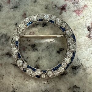 Art deco 14k diamonds & sapphire brooch